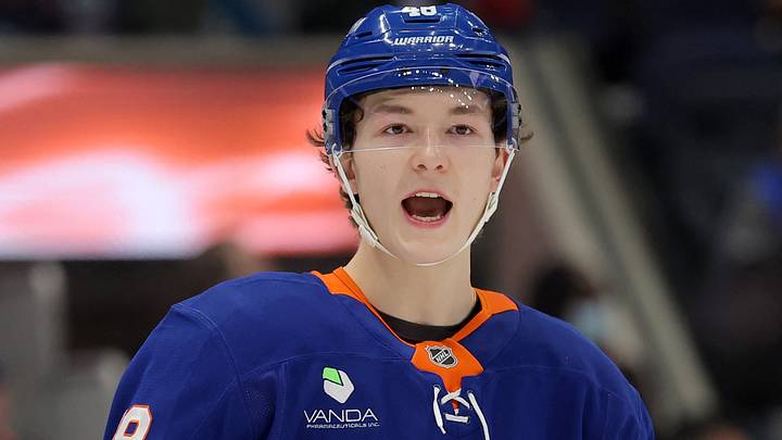 Mar 28, 2026; Elmont, New York, USA; New York Islanders defenseman Matthew Schaefer (48) skates against the Florida Panthers during the third period at UBS Arena. Mandatory Credit: Brad Penner-Imagn Images
