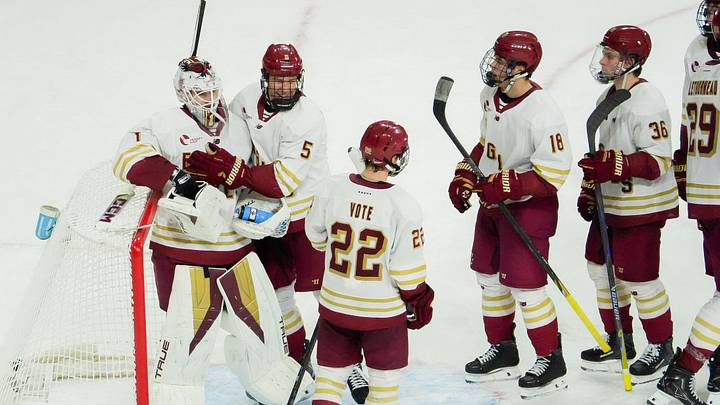 Boston College teammates line up to commend Sophomore Louka Cloutier on his shutout. 