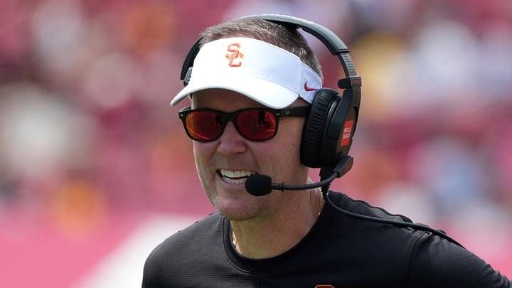 Aug 29, 2026; Los Angeles, California, USA; Southern California Trojans head coach Lincoln Riley reacts against the San Jose State Spartans in the first half at United Airlines Field at Los Angeles Memorial Coliseum. Mandatory Credit: Kirby Lee-Imagn Images
