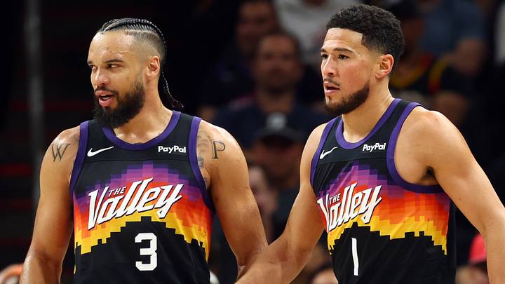 Apr 7, 2026; Phoenix, Arizona, USA; Phoenix Suns forward Dillon Brooks (3) and guard Devin Booker (1) against the Houston Rockets at Mortgage Matchup Center. Mandatory Credit: Mark J. Rebilas-Imagn Images Apr 7, 2026; Phoenix, Arizona, USA; Phoenix Suns forward Dillon Brooks (3) and guard Devin Booker (1) against the Houston Rockets at Mortgage Matchup Center. Mandatory Credit: Mark J. Rebilas-Imagn Images