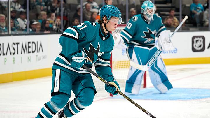 Sep 22, 2026; San Jose, California, USA; San Jose Sharks left wing Ivar Stenberg plays the puck against the Vegas Golden Knights during the third period at SAP Center at San Jose. Mandatory Credit: Robert Edwards-Imagn Images