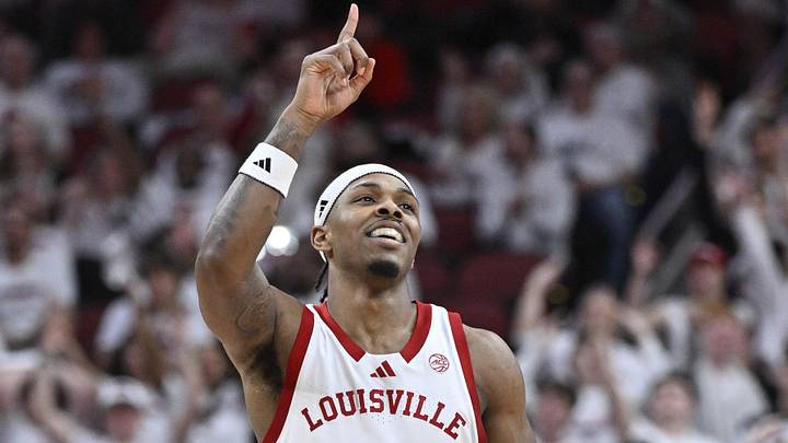 Feb 9, 2026; Louisville, Kentucky, USA;  Louisville Cardinals guard Ryan Conwell (3) reacts during the second half against the NC State Wolfpack at KFC Yum! Center. Louisville defeated N.C. State 118-77. Mandatory Credit: Jamie Rhodes-Imagn Images