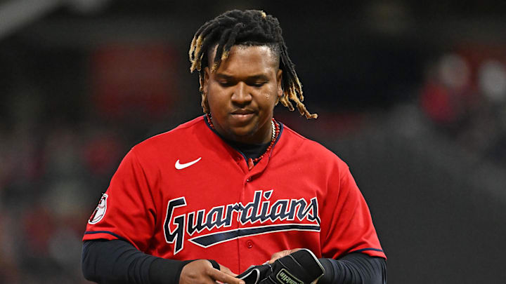Oct 15, 2022; Cleveland, Ohio, USA; Cleveland Guardians third baseman Jose Ramirez (11) reacts after striking out against the New York Yankees in the fifth inning during game three of the NLDS for the 2022 MLB Playoffs at Progressive Field. Mandatory Credit: Ken Blaze-Imagn Images
