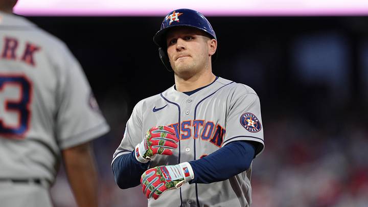 Sep 8, 2026; Philadelphia, Pennsylvania, USA; Houston Astros outfielder Daulton Varsho (18) reacts after hitting a single against the Philadelphia Phillies in the third inning at Citizens Bank Park. Mandatory Credit: Kyle Ross-Imagn Images