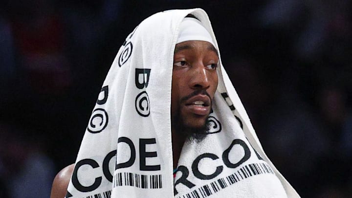 Feb 7, 2025; Brooklyn, New York, USA; Miami Heat center Bam Adebayo (13) looks on during the first half against the Brooklyn Nets at Barclays Center. Mandatory Credit: Vincent Carchietta-Imagn Images