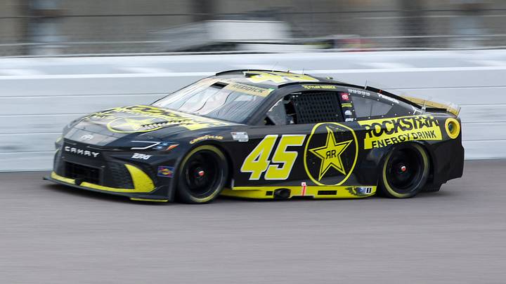 Sep 27, 2026; Kansas City, Kansas, USA;  NASCAR Cup Series driver Tyler Reddick (45) races during the Hollywood Casino 400 at Kansas Speedway.  Scott Sewell-Imagn Images
