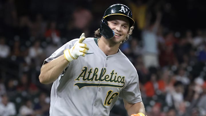 Jul 25, 2025; Houston, Texas, USA;  Athletics designated hitter Nick Kurtz (16) celebrates after hitting his fourth home run of the game during the ninth inning against the Houston Astros at Daikin Park. Mandatory Credit: Troy Taormina-Imagn Images