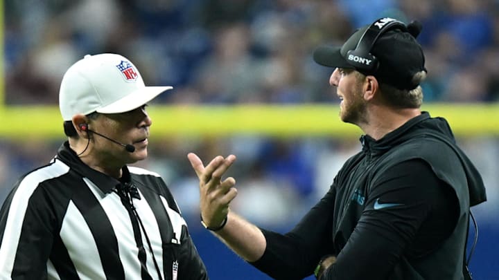 Dec 28, 2025; Indianapolis, Indiana, USA; Jacksonville Jaguars head coach Liam Coen talks to NFL referee Brad Allen during the second half against the Indianapolis Colts at Lucas Oil Stadium. Mandatory Credit: Robert Goddin-Imagn Images Dec 28, 2025; Indianapolis, Indiana, USA; Jacksonville Jaguars head coach Liam Coen talks to NFL referee Brad Allen during the second half against the Indianapolis Colts at Lucas Oil Stadium. Mandatory Credit: Robert Goddin-Imagn Images