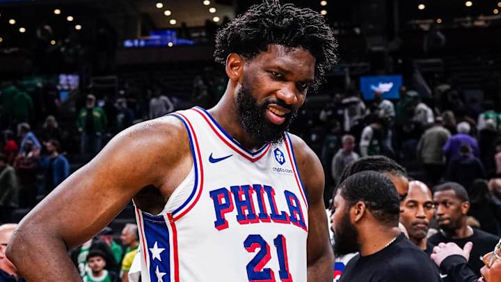 Apr 28, 2026; Boston, Massachusetts, USA; Philadelphia 76ers center Joel Embiid (21) after the game against the Boston Celtics in game five of the first round of the 2026 NBA Playoffs at TD Garden. Mandatory Credit: David Butler II-Imagn Images
