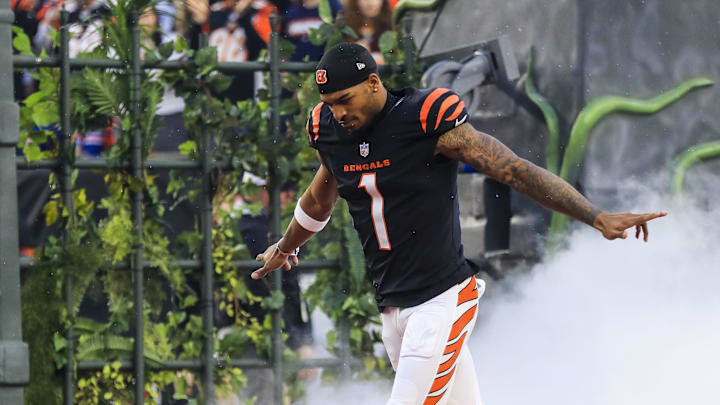 Dec 28, 2024; Cincinnati, Ohio, USA; Cincinnati Bengals wide receiver Ja'Marr Chase (1) runs onto the field before the game against the Denver Broncos at Paycor Stadium. Mandatory Credit: Katie Stratman-Imagn Images