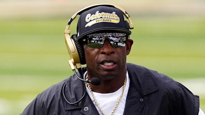 Aug 29, 2025; Boulder, Colorado, USA; Colorado Buffaloes head coach Deion Sanders during the first quarter against the Georgia Tech Yellow Jackets at Folsom Field. Mandatory Credit: Ron Chenoy-Imagn Images