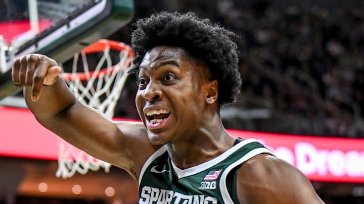 Michigan State's Cam Ward celebrates after a score and a Northwestern foul during the second half on Thursday, Jan. 8, 2026, at the Breslin Center in East Lansing. Michigan State's Cam Ward celebrates after a score and a Northwestern foul during the second half on Thursday, Jan. 8, 2026, at the Breslin Center in East Lansing.