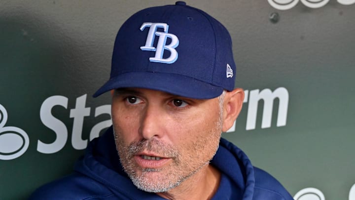 Sep 13, 2025; Chicago, Illinois, USA; Tampa Bay Rays manager Kevin Cash (16) answers questions from the media prior to a game against the Chicago Cubs at Wrigley Field. Sep 13, 2025; Chicago, Illinois, USA; Tampa Bay Rays manager Kevin Cash (16) answers questions from the media prior to a game against the Chicago Cubs at Wrigley Field.