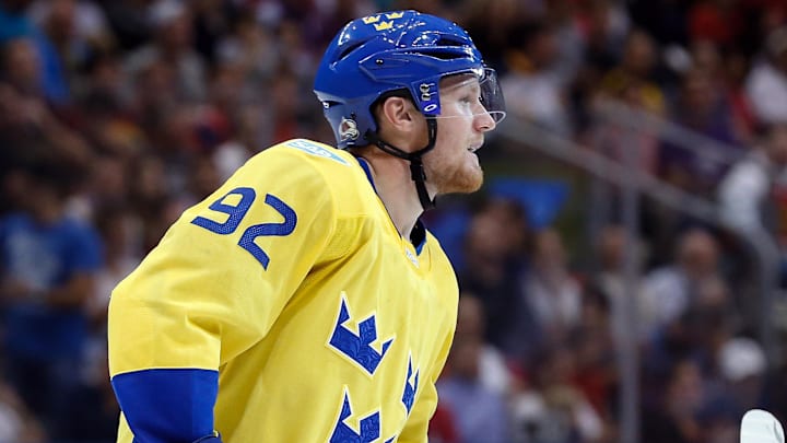 Sep 18, 2016; Toronto, Ontario, Canada; Team Sweden Left winger Gabriel Landeskog (92) looks to the bench to celebrate his second period goal against Team Russia during preliminary round play in the 2016 World Cup of Hockey at Air Canada Centre. Mandatory Credit: Kevin Sousa-Imagn Images
