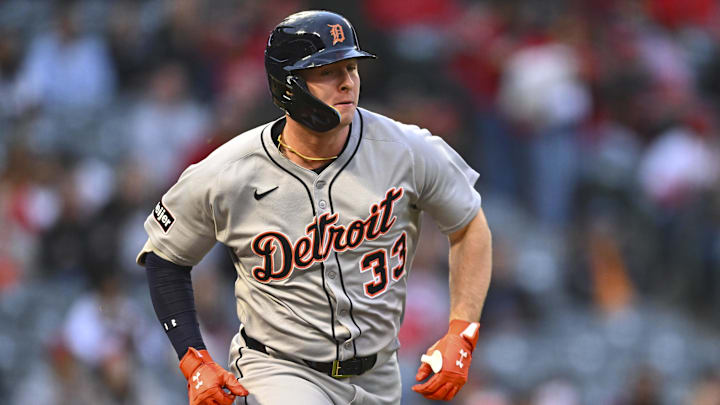 May 3, 2025; Anaheim, California, USA; Detroit Tigers designated hitter Colt Keith (33) singles against the Los Angeles Angels during the second inning at Angel Stadium. 