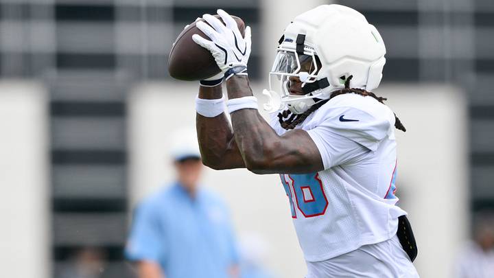 Aug 4, 2026; Nashville, TN, USA;  Tennessee Titans linebacker Sean Brown (48) makes a catch during training camp at Vanderbilt Health Football Center. Mandatory Credit: Steve Roberts-Imagn Images