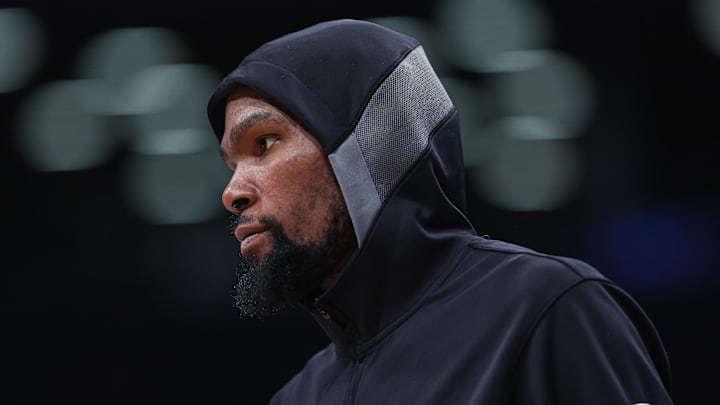 Jan 2, 2023; Brooklyn, New York, USA; Brooklyn Nets forward Kevin Durant (7) looks on during the time out during the second half against the San Antonio Spurs at Barclays Center. Mandatory Credit: Vincent Carchietta-Imagn Images