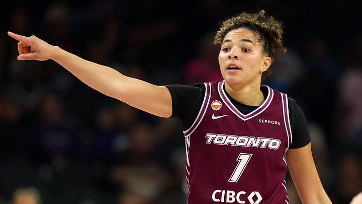 May 19, 2026; Phoenix, Arizona, USA; Toronto Tempo guard Kiki Rice (1) reacts against the Phoenix Mercury in the first half at Mortgage Matchup Center. Mandatory Credit: Mark J. Rebilas-Imagn Images