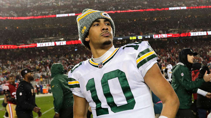 Green Bay Packers quarterback Jordan Love (10) leaves the field after losing to the San Francisco