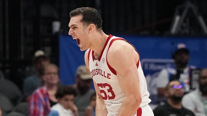 Mar 11, 2026; Charlotte, NC, USA; Louisville Cardinals forward Vangelis Zougris (53) reacts late in the second half at Spectrum Center. Mandatory Credit: Bob Donnan-Imagn Images