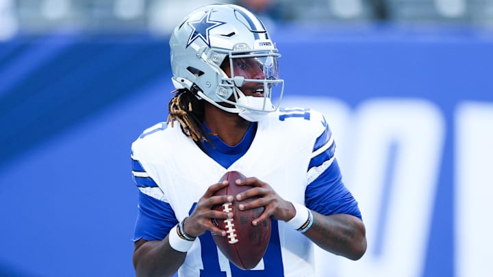 Dallas Cowboys quarterback Joe Milton III drops back to pass during the third quarter against the New York Giants.