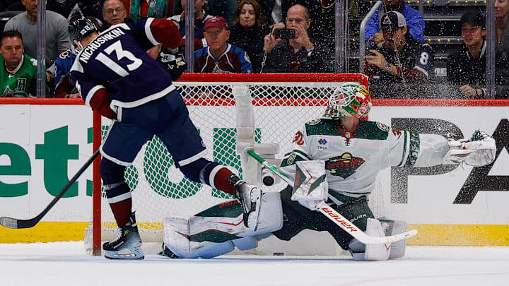 Mar 8, 2026; Denver, Colorado, USA; Colorado Avalanche right wing Valeri Nichushkin (13) scores a shoutout goal against Minnesota Wild goaltender Jesper Wallstedt (30) at Ball Arena. Mandatory Credit: Isaiah J. Downing-Imagn Images