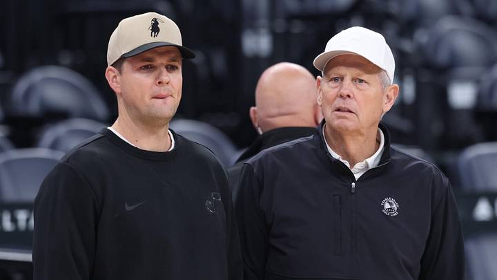 Oct 27, 2025; Salt Lake City, Utah, USA; Utah Jazz head coach Will Hardy (left) and CEO of basketball operations Danny Ainge (right) speak before the game against the Phoenix Suns at Delta Center. Mandatory Credit: Rob Gray-Imagn Images