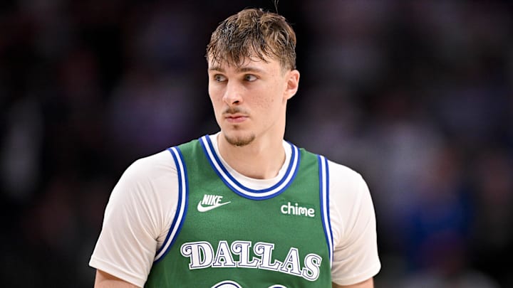 Oct 27, 2025; Dallas, Texas, USA; Dallas Mavericks forward Cooper Flagg (32) looks on during the game between the Mavericks and the Thunder at the American Airlines Center. Mandatory Credit: Jerome Miron-Imagn Images