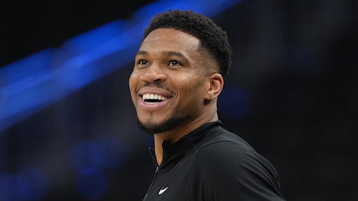 Milwaukee Bucks forward Giannis Antetokounmpo enjoys a moment during warmups prior to the game against the Brooklyn Nets at Fiserv Forum on April 10, 2026.