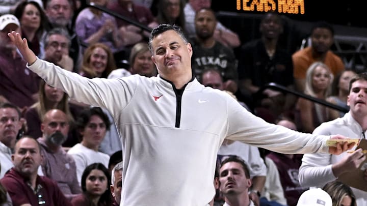 Texas Longhorns head coach Sean Miller reacts during the first half against the Texas A&M Aggies at Reed Arena