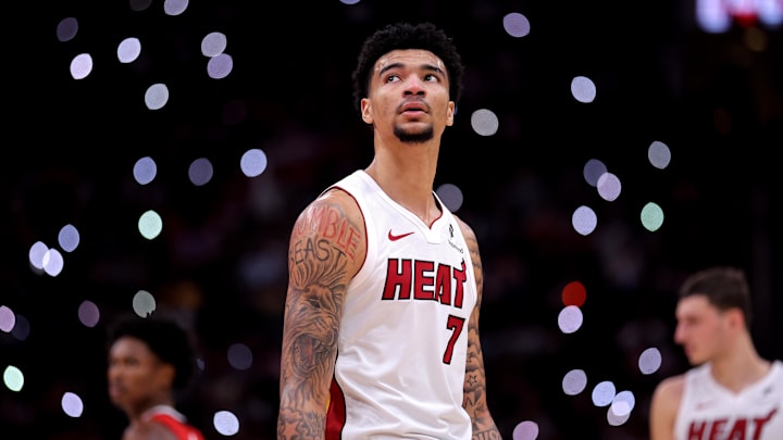 Dec 29, 2024; Houston, Texas, USA; Miami Heat center Kel'el Ware (7) against the Houston Rockets during the fourth quarter at Toyota Center. Mandatory Credit: Erik Williams-Imagn Images
