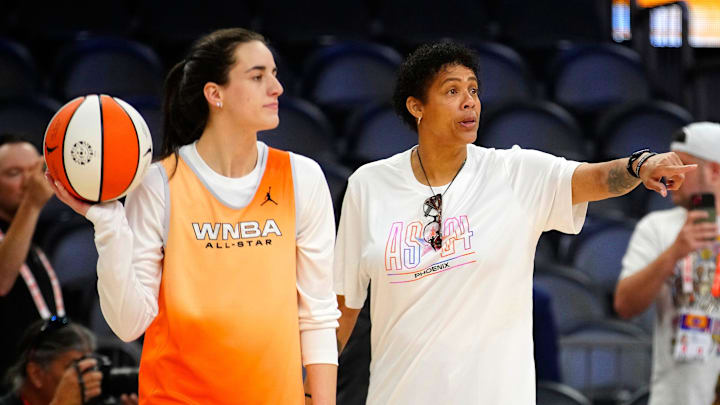 July 19: Team WNBA All-Star coach Cheryl Miller talks to Indiana Fever guard Caitlin Clark during practice for Saturday's All-Star Game agains the U.S. Olympic team. July 19: Team WNBA All-Star coach Cheryl Miller talks to Indiana Fever guard Caitlin Clark during practice for Saturday's All-Star Game agains the U.S. Olympic team.