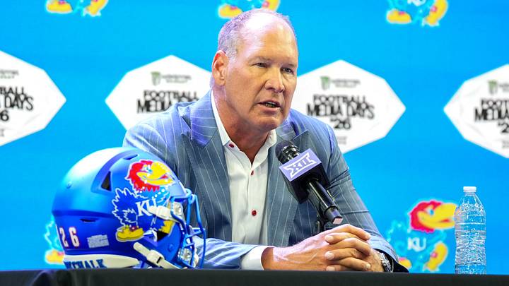 Jul 8, 2026; Frisco, TX, USA; Kansas head coach Lance Leipold speaks to reporters during Big 12 Conference Football Media Days at The Star. Mandatory Credit: Raymond Carlin III-Imagn Images Jul 8, 2026; Frisco, TX, USA; Kansas head coach Lance Leipold speaks to reporters during Big 12 Conference Football Media Days at The Star. Mandatory Credit: Raymond Carlin III-Imagn Images