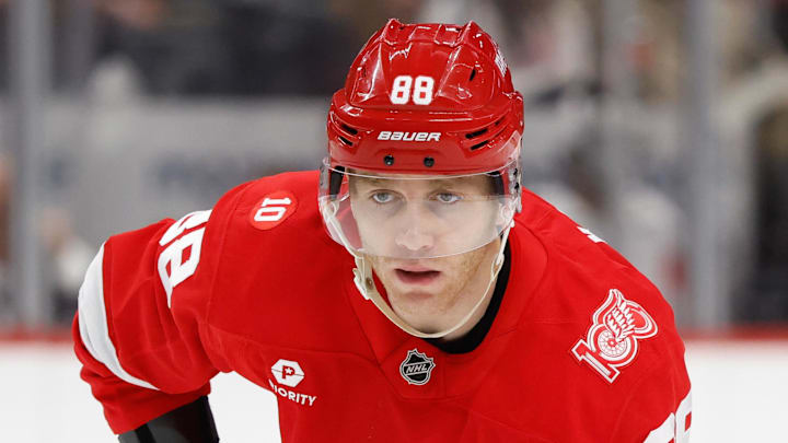 Jan 29, 2026; Detroit, Michigan, USA;  Detroit Red Wings right wing Patrick Kane (88) gets set during a face off in the second period against the Washington Capitals at Little Caesars Arena. Mandatory Credit: Rick Osentoski-Imagn Images