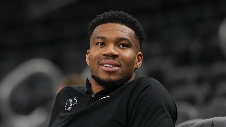 Apr 10, 2026; Milwaukee, Wisconsin, USA;  Milwaukee Bucks forward Giannis Antetokounmpo looks on during warmups prior to the game against the Brooklyn Nets at Fiserv Forum. Mandatory Credit: Jeff Hanisch-Imagn Images