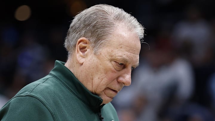 Mar 27, 2026; Washington, DC, USA; Michigan State Spartans head coach Tom Izzo reacts in the first half during a Sweet Sixteen game of the East Regional of the men's 2026 NCAA Tournament at Capital One Arena.