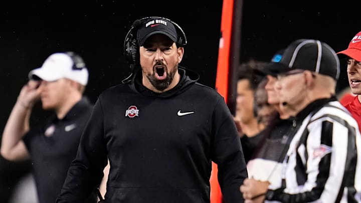 Ohio State Buckeyes head coach Ryan Day yells during the NCAA football game against the UCLA Bruins at Ohio Stadium in Columbus on Nov. 15, 2025.
