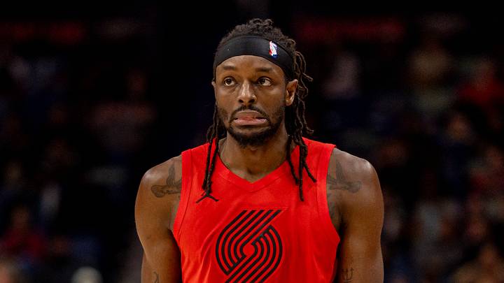 Dec 11, 2025; New Orleans, Louisiana, USA;  Portland Trail Blazers forward Jerami Grant (9) reacts to a play against the New Orleans Pelicans during the first half at Smoothie King Center. Mandatory Credit: Stephen Lew-Imagn Images