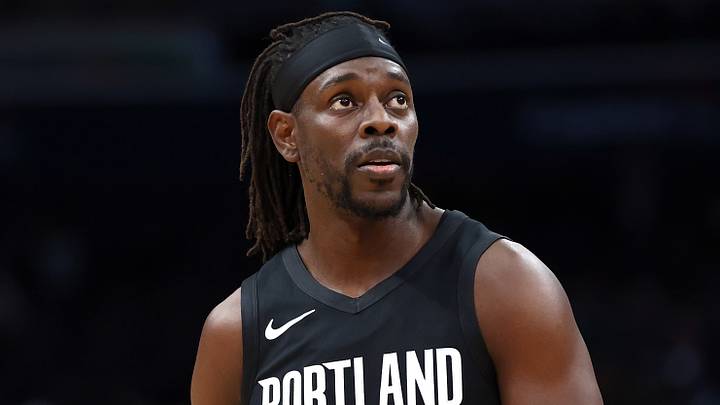 Jan 27, 2026; Washington, District of Columbia, USA; Portland Trail Blazers guard Jrue Holiday (5) looks on during the first half against the Washington Wizards at Capital One Arena. Mandatory Credit: Daniel Kucin Jr.-Imagn Images