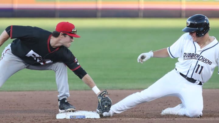 Richmond Flying Squirrels Shortstop Will Wilson is late with the tag as RubberDucks' Milan Tolentino safely steals second base during their game at Canal Park in Akron on Tuesday, April 30, 2024 in Akron, Ohio.