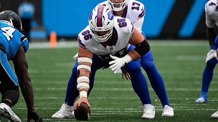 Oct 26, 2025; Charlotte, North Carolina, USA; Buffalo Bills guard Connor McGovern (66) prepares to hike the ball to quarterback Josh Allen (17) in the third quarter at Bank of America Stadium. Oct 26, 2025; Charlotte, North Carolina, USA; Buffalo Bills guard Connor McGovern (66) prepares to hike the ball to quarterback Josh Allen (17) in the third quarter at Bank of America Stadium.