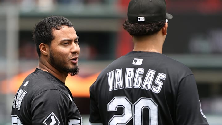 Chicago White Sox second baseman Lenyn Sosa (50) speaks with third baseman Miguel Vargas (20) before a game against the Baltimore Orioles at Oriole Park at Camden Yards. Chicago White Sox second baseman Lenyn Sosa (50) speaks with third baseman Miguel Vargas (20) before a game against the Baltimore Orioles at Oriole Park at Camden Yards.