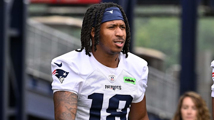 Jun 9, 2025; Foxborough, MA, USA; New England Patriots wide receiver Kyle Williams (18) walks to the practice fields at Gillette Stadium. Mandatory Credit: Eric Canha-Imagn Images