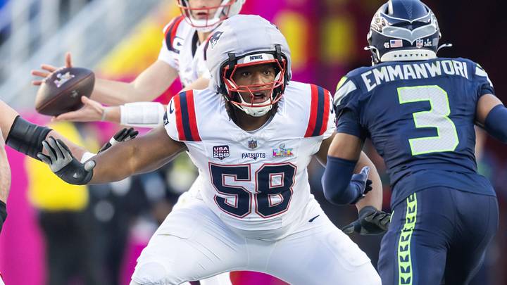 Feb 8, 2026; Santa Clara, CA, USA; New England Patriots guard Jared Wilson (58) against the Seattle Seahawks during Super Bowl LX at Levi's Stadium. Mandatory Credit: Mark J. Rebilas-Imagn Images Feb 8, 2026; Santa Clara, CA, USA; New England Patriots guard Jared Wilson (58) against the Seattle Seahawks during Super Bowl LX at Levi's Stadium. Mandatory Credit: Mark J. Rebilas-Imagn Images