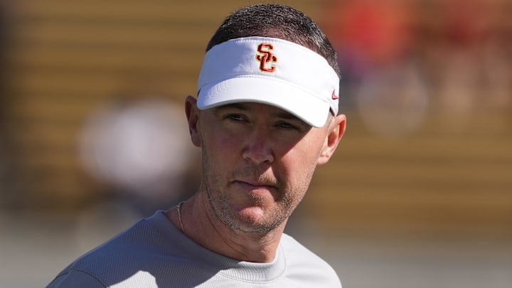 Oct 28, 2023; Berkeley, California, USA; USC Trojans head coach Lincoln Riley walks on the field before a game against the California Golden Bears at California Memorial Stadium. Mandatory Credit: Darren Yamashita-Imagn Images
