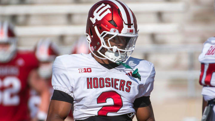 Indiana's Byron Baldwin Jr. (2) at Indiana University football practice on Tuesday, Aug. 5, 2025.