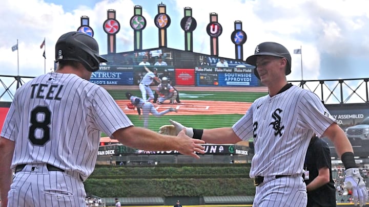 Chicago White Sox shortstop Colson Montgomery (12) celebrates with catcher Kyle Teel (8) after hitting a solo home run against the Cleveland Guardians at Rate Field. Chicago White Sox shortstop Colson Montgomery (12) celebrates with catcher Kyle Teel (8) after hitting a solo home run against the Cleveland Guardians at Rate Field.