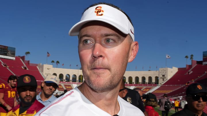 Sep 28, 2024; Los Angeles, California, USA; Southern California Trojans head coach Lincoln Riley reacts after a game against the Wisconsin Badgers at United Airlines Field at Los Angeles Memorial Coliseum. Mandatory Credit: Kirby Lee-Imagn Images Sep 28, 2024; Los Angeles, California, USA; Southern California Trojans head coach Lincoln Riley reacts after a game against the Wisconsin Badgers at United Airlines Field at Los Angeles Memorial Coliseum. Mandatory Credit: Kirby Lee-Imagn Images