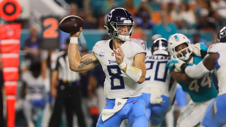 Sep 30, 2024; Miami Gardens, Florida, USA; Tennessee Titans quarterback Will Levis (8) throws the football against the Miami Dolphins during the first quarter at Hard Rock Stadium. Mandatory Credit: Sam Navarro-Imagn Images Sep 30, 2024; Miami Gardens, Florida, USA; Tennessee Titans quarterback Will Levis (8) throws the football against the Miami Dolphins during the first quarter at Hard Rock Stadium. Mandatory Credit: Sam Navarro-Imagn Images
