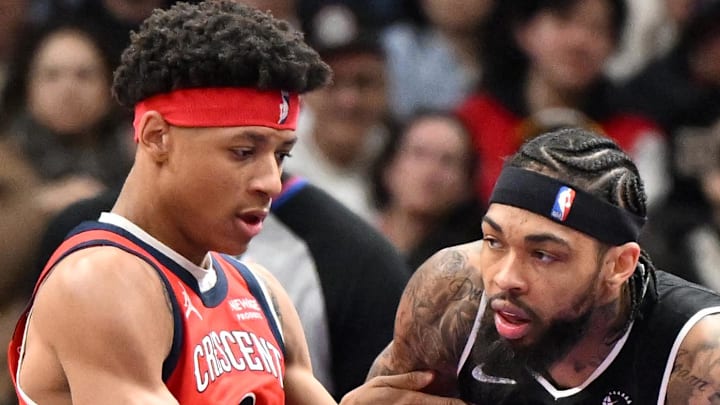 Toronto Raptors forward Brandon Ingram drives against New Orleans Pelicans guard Jeremiah Fears.